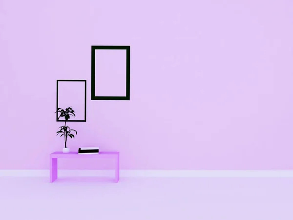 table, plant, frames in the room, 3d