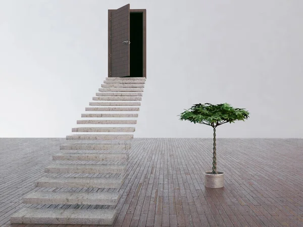 打开门、 植物和楼梯，3d — 图库照片