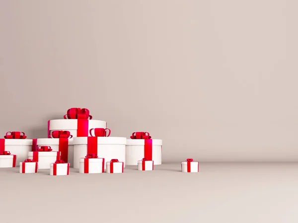 Viele Geschenke auf weißem Hintergrund, 3D-Darstellung, — Stockfoto