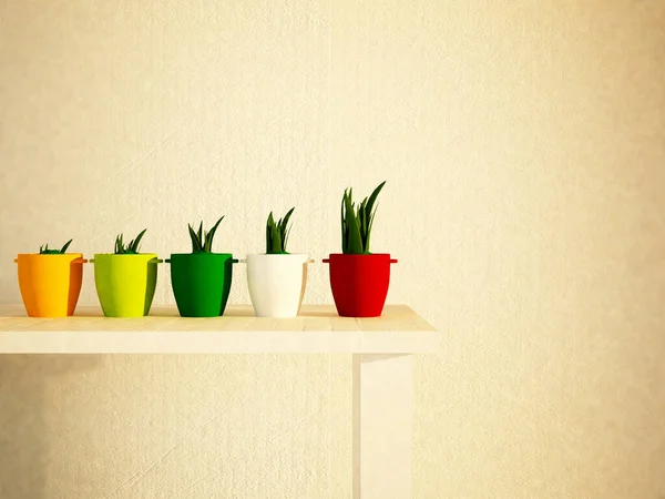 Multi-colored vases on a shelf, plant growth, 3D — ストック写真