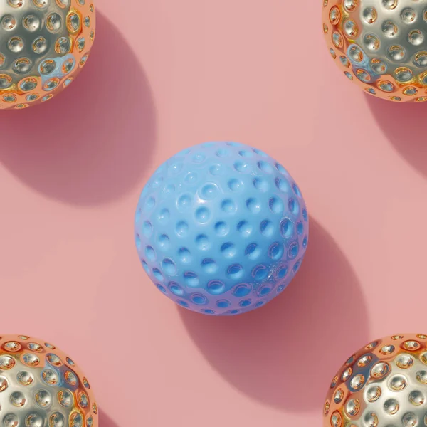 Azul Con Golfball Dorado Sobre Fondo Verde Idea Concepto Flatlay —  Fotos de Stock