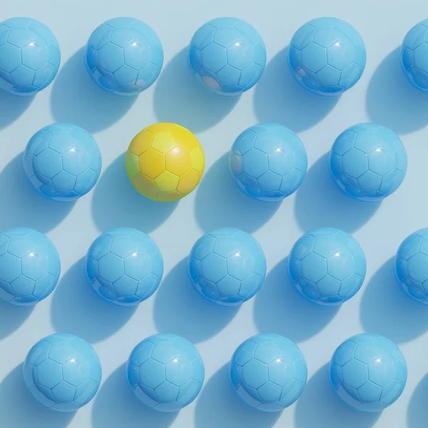 蓝色底色的蓝色足球中的黄色足球 最小的运动理念 3D渲染 — 图库照片