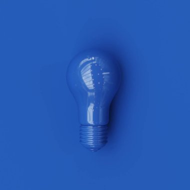 Mavi arka planda klasik mavi ampul rengi. Minimum konsept fikirler. Üst Manzara. 3B Hazırlama.