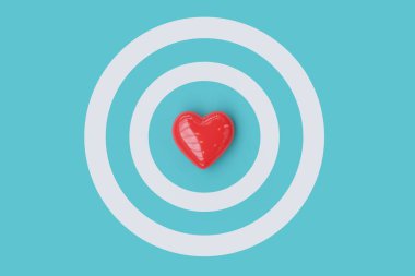 Kırmızı kalp, Daire 'nin ortasında, mavi arka planda. Sevgililer Günü 3B Hazırlama.