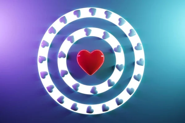 Red heart in the middle of blue hearts on blue background top view. Valentine concnept 3D Render.