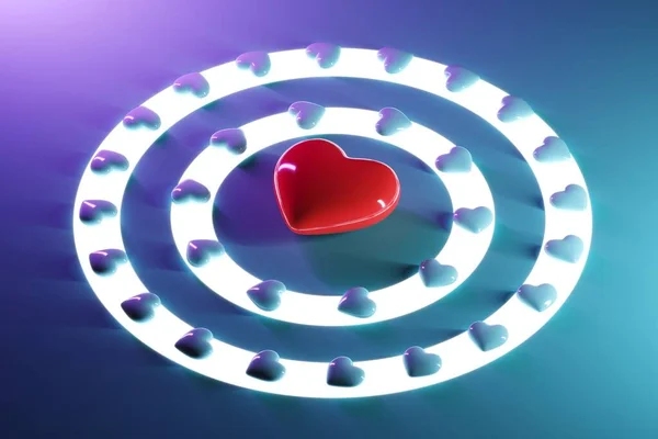 Coração Vermelho Meio Corações Azuis Fundo Cor Azul Violeta Valentim — Fotografia de Stock