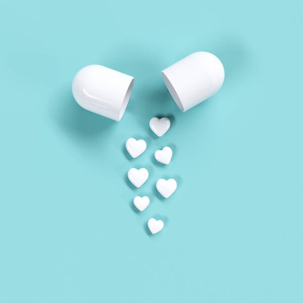 White Pills Heart Concept Idea Green Color Background Minimal Valentine — Stock Photo, Image