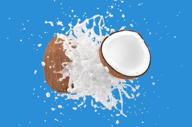 Hindistan cevizi sütü ve mavi arka planda hindistan cevizi meyvesi. 3B Hazırlama.