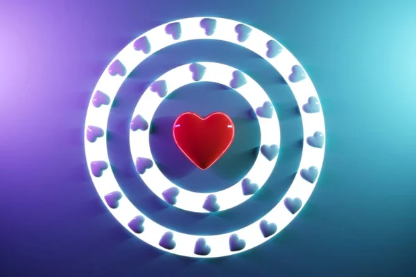 Coração Vermelho Meio Corações Azuis Fundo Azul Vista Superior Valentim — Fotografia de Stock