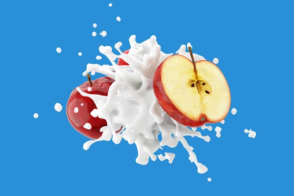 Mavi Arka Planda Kırmızı Elma Meyveli Patlamış Süt Hazırlama — Stok fotoğraf