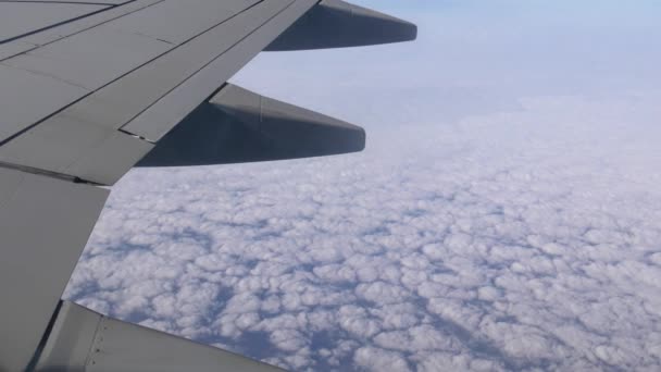 Onder Vleugel Van Een Vliegtuig Vliegen Boven Witte Wolken Bij — Stockvideo