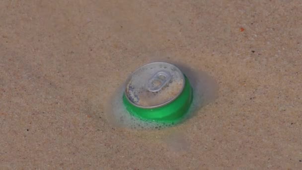 海岸のゴミだ緑のビールはビーチで砂の中に閉じ込められ 海の波に洗われます 環境汚染のイラスト 生態学の問題 — ストック動画
