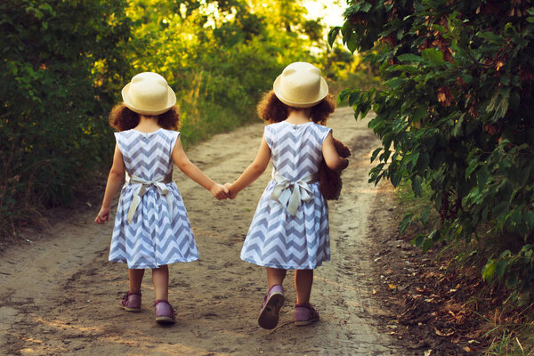 Счастливые сёстры-близнецы. Девушки-сестры в парке, гуляющие по дороге, держащиеся за руки. Солнечный свет и вид сзади
.