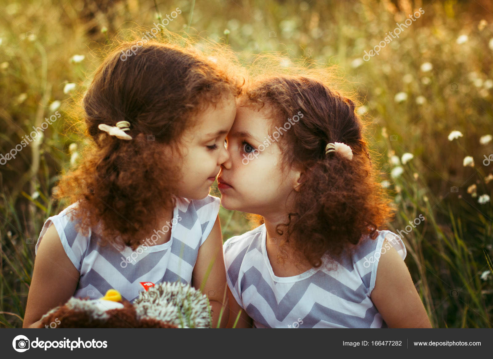 Sisters twin toddlers kissing and laughing in the summer outdoors ...