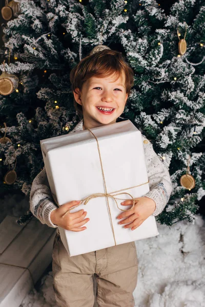 Retrato de Natal de um jovem rapaz atmosfera acolhedora em torno da árvore de Natal. Criança bonito segurando caixa de presente branco. Foto vertical, cópia cpace — Fotografia de Stock