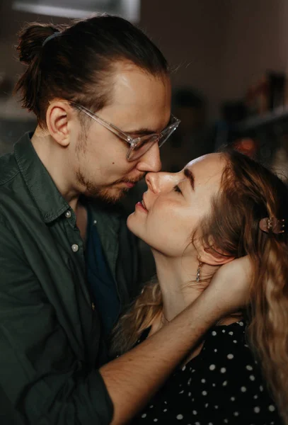 The portrait of sensuality couple kissing each other. The people in relationship sexuality touching the face and relax together — Stock Photo, Image