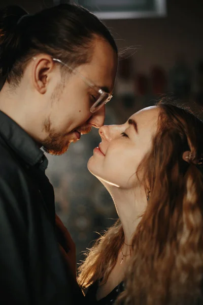 The portrait of sensuality couple kissing each other. The people in relationship sexuality touching the face and relax together — 스톡 사진
