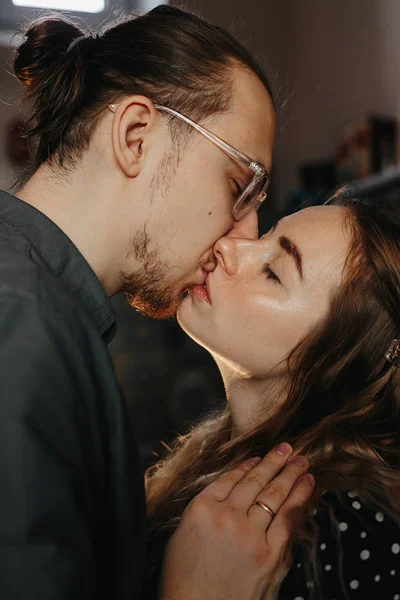 The portrait of sensuality couple kissing each other. The people in relationship sexuality touching the face and relax together — Stock Photo, Image