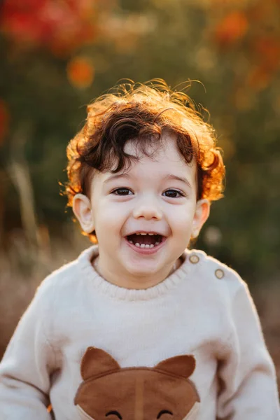 幸せな小さな子供 赤ちゃんの女の子は笑って 自然の中で秋に遊んで屋外で歩く — ストック写真