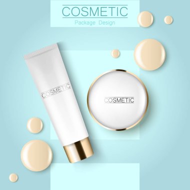 Kapatıcı ve kompakt Vakfı ve bir damla tasarım şablonu reklam kozmetik 3d. Bir ambalaj tasarımı krem bir mavi arka plan gerçekçi örnek üzerinde Üstten Görünüm.