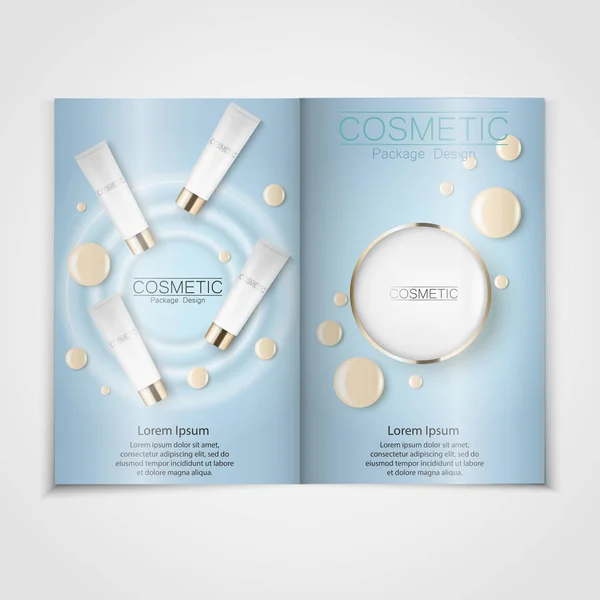 Světle modrá kosmetická brožura designu lze použít také na katalogy nebo časopisy, 3d obrázek. Nadaci kapky a korektor. Vektorové ilustrace — Stockový vektor
