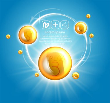 Reklamlar şablon, omega-3 balık yağı. Petrol 3d çizim düştü. Gerçekçi illüstrasyon vitamini doğal, konsept tasarımı.