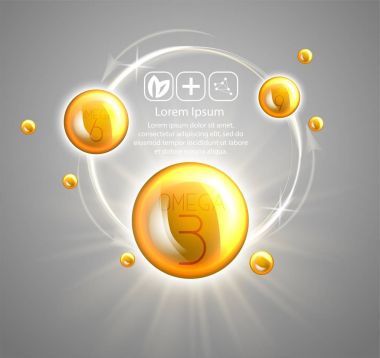 Reklamlar şablon, omega-3 balık yağı. Petrol 3d çizim düştü. Gerçekçi illüstrasyon vitamini doğal, konsept tasarımı.