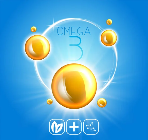 Plantilla anuncios de aceite de pescado, omega-3. aceite gotas ilustración 3D. Ilustración realista vitamina natural, diseño conceptual . — Vector de stock