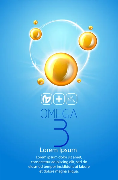 Templat iklan minyak ikan, omega-3. minyak tetes ilustrasi 3D. Ilustrasi realistis vitamin alami, desain konsep . - Stok Vektor