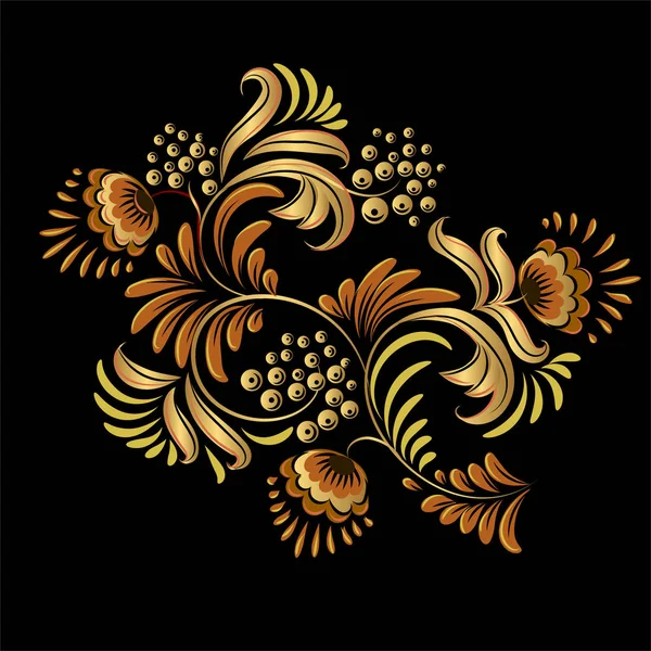 Traditionele Russische sieraad met elementen van volkse Chochloma stijl. Een bloemenprint in goud kleuren. Vectorillustratie. — Stockvector
