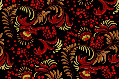 Geleneksel Rus Halk Khokhloma stil unsurları ile seamless modeli süsleme. Altın renk çiçek bir yazıyla. Vektör çizim.