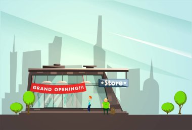 Moda butik bina bin ile açılış sembolleri vektör çizim karikatür