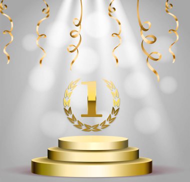 İş tanıtımı podyum parça ile üç adım. Parlak projektör, ilk plazma altın öğe. 3D render, vektör grafikleri.