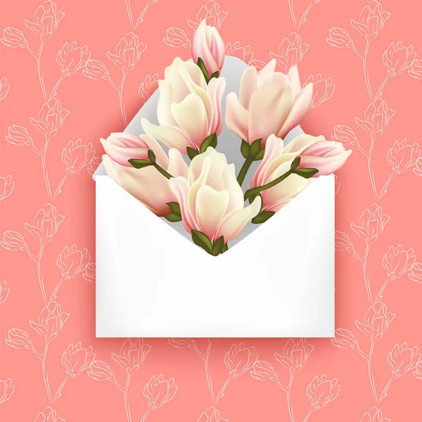 Magnolie realistische Blumen, schöne Karte für den Frühlingsurlaub Frauentag. — Stockvektor