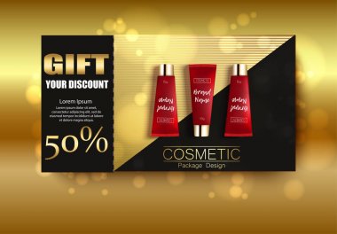 Gift vaucher cosmetics. Discount poster. Package design template. Ads vector realistic illustration 3d. clipart