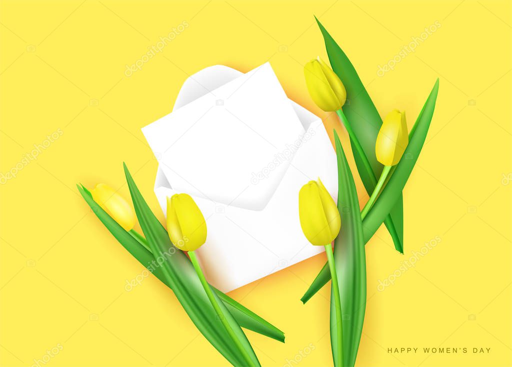 Template, Mockup. Top view on a yellow background are 3d yellow tulips, in an envelope a postcard for signature, realistic vector illustration. signature - happy womens day.