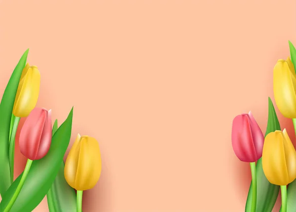 Modèle pour féliciter le 8 Mars et la Journée internationale de la femme, de nombreuses tulipes multicolores réalistes et un endroit pour insérer du texte. Illustration vectorielle . — Image vectorielle