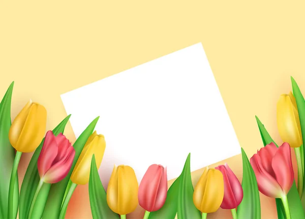 Template for congratulations on March 8 and International Womens Day, a lot of realistic multi-colored tulips with a card for signature. Vector stock illustration. — Stock Vector