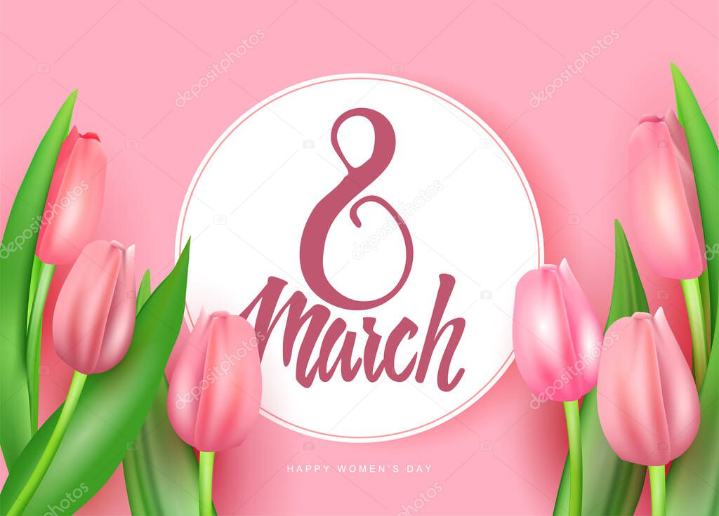 March 8th illustration. Top view on a pink background are 3d tender pink tulips. realistic vector illustration. signature - happy womens day.