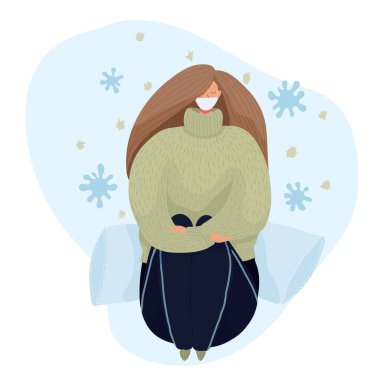 Beyaz maskeli bir kız koruyucu bir pozda yastıkların üzerinde oturur. Mikroplar ve virüsler, koronavirüs, covid-2019.