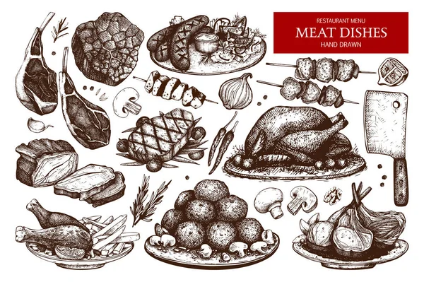 Raccolta di illustrazione della carne trafilata a mano — Vettoriale Stock