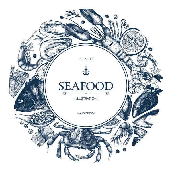 Desenho de cartão ou folheto de frutos do mar —  Vetores de Stock