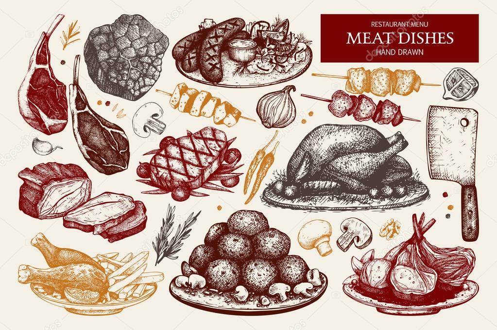 collection of hand drawn meat illustration