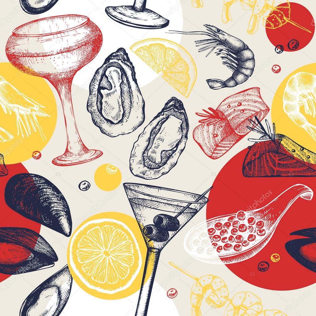 Vector seamless pattern with seafood and cocktails sketch. 