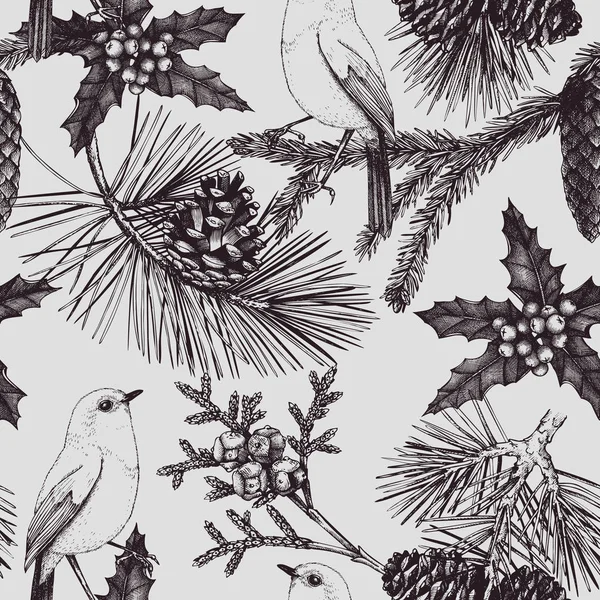 手描きの針葉樹木と鳥. — ストックベクタ