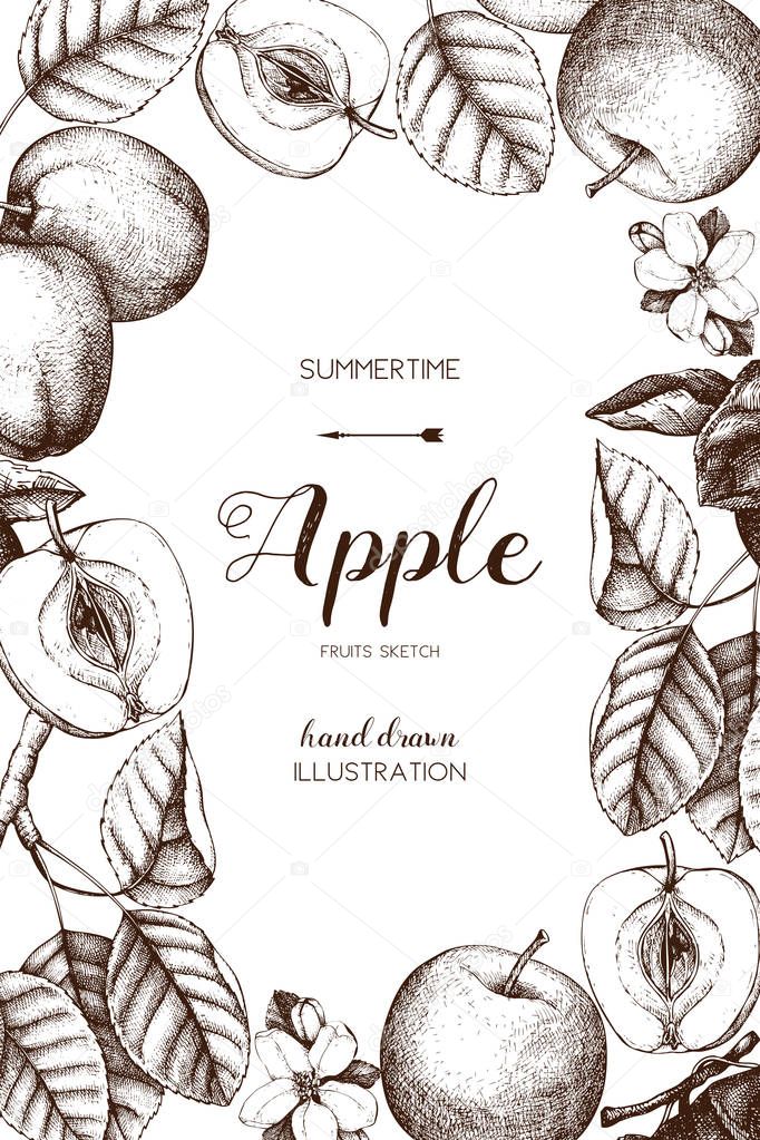 Vintage card design with apple fruits sketch.