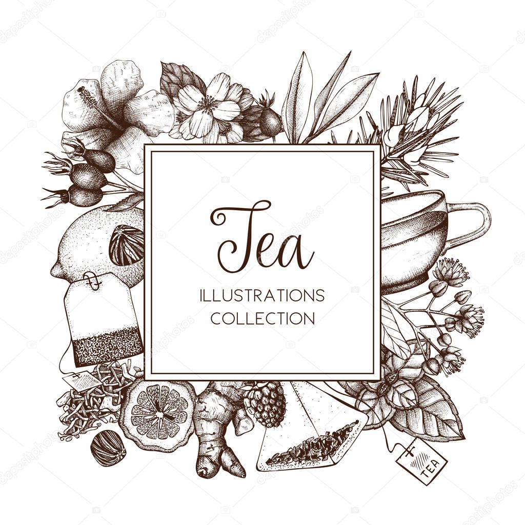 tea card with vintage sketch