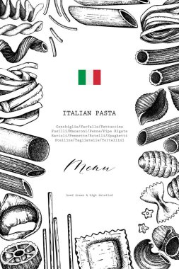 Geleneksel İtalyan makarna menü şablonu. Elle çizilmiş gıda kroki. Vintage kartı veya davetiye tasarımı kafe ya da restoran tasarımı için. Beyaz arka plan üzerinde özetliyor. Vektör çizim