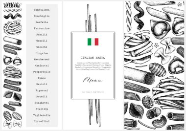Menu template with traditional Italian pasta. Hand drawn food sketch. Vintage card or invitation design for cafe or restaurant design. Outlines on white background. Vector illustration clipart