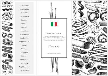 Menu template with traditional Italian pasta. Hand drawn food sketch. Vintage card or invitation design for cafe or restaurant design. Outlines on white background. Vector illustration clipart